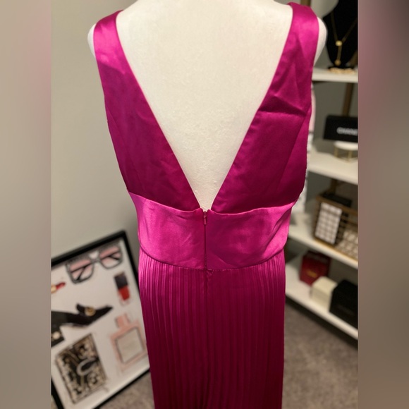 Amsale Deep Plunge Front & Back Midi Dress Pleated Skirt Bright Pink 16 NWT - Picture 8 of 12